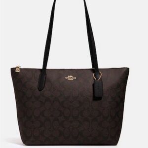 Coach Dark Brown Signature Canvas Tote with Black Straps